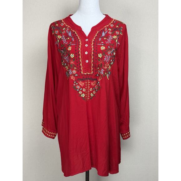 64 Sixty-Five XXL Red Embroidered Top Boho Blouse V-neck Tunic Long Full Sleeves - Picture 1 of 16